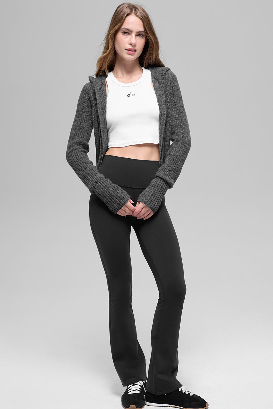 Wool Cashmere Ribbed Noble Full Zip Hoodie - Platinum Grey - 图片 4