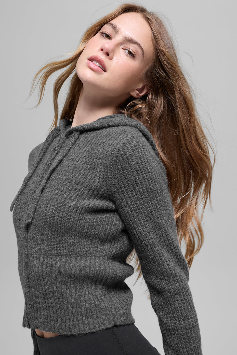 Wool Cashmere Ribbed Noble Full Zip Hoodie - Platinum Grey - 图片 3