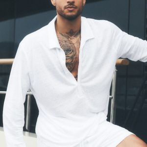 Linen Jersey Coastal Long Sleeve Pullover - White